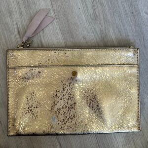 J. Crew Metallic Gold Italian Leather Pouch Clutch Fabric Lined F9600 NEW NWT